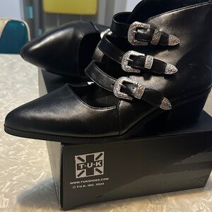 T.U.K Women's Black Triple Buckle Heeled Boots